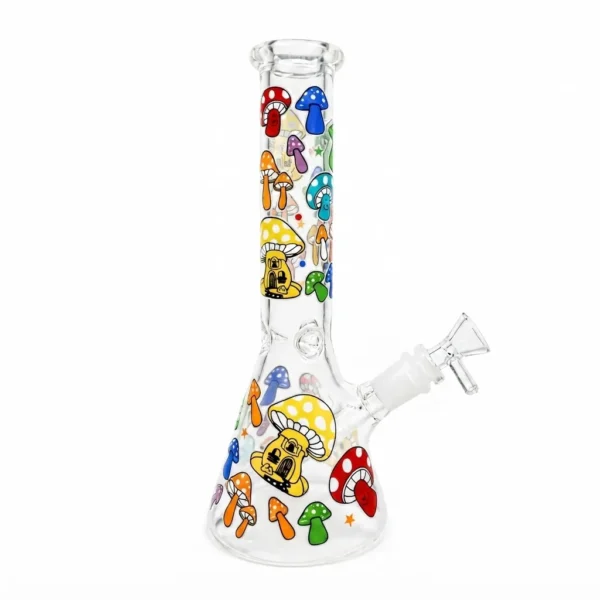 10-inch Tall Clear Glass Beaker Bong Water Pipe with Colorful Mushroom and Mushroom House Decals