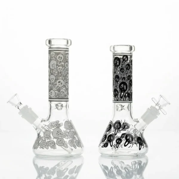 Glow In The Dark Ghost Skull Print Beaker Glass Water Pipe - Bongsbong