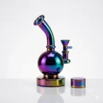 7.87-inch compact glass bong featuring a vibrant rainbow electroplated finish, round globe base, bent neck, matching bowl piece, and specification marks on a white background