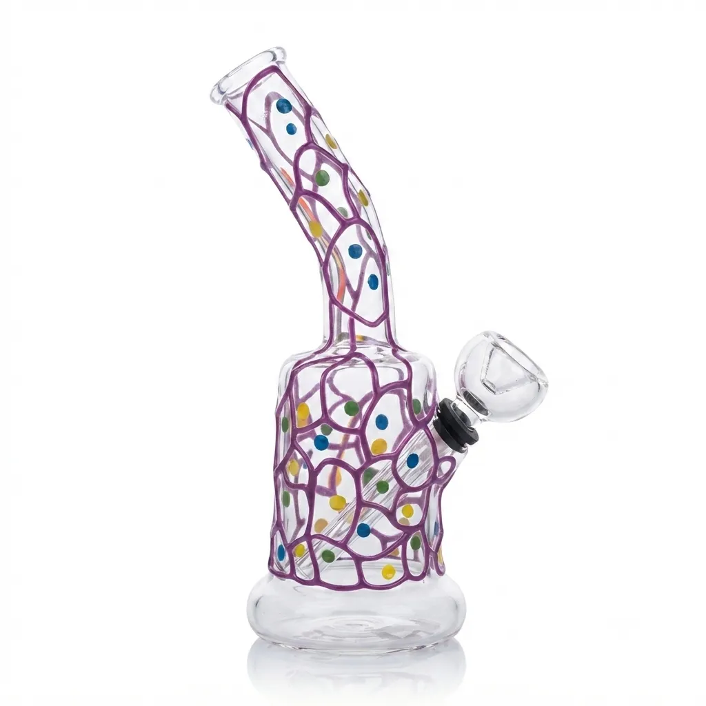 雕花血管烟壶白底-转换自-png 7.28-inch handmade clear glass bong featuring vibrant purple web detailing, colorful polka dots, and a matching bowl piece on a clean white background